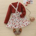 2-piece Kid Girl Round-collar Long-sleeve Ribbed Top and Floral Print Suspender Skirt Set Coffee