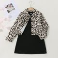2-piece Kid Girl Long-sleeve Black Dress and Leopard Print Jacket Set Black