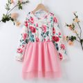 Kid Girl Floral Print Round-collar Mesh Design Long-sleeve Splice Dress Pink