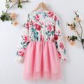 Kid Girl Floral Print Round-collar Mesh Design Long-sleeve Splice Dress Pink