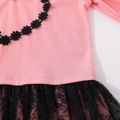 2-piece Kid Girl Heart Floral Embroidered Lace Design Long-sleeve Top and Black Pants Set Pink