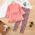 2-piece Kid Girl Ruffled Bowknot Design Long-sleeve Pink Top and Floral Print Striped Leggings Set Pink