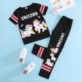 2-piece Kid Girl Letter Unicorn Print Striped Black Tee and Elasticized Pants Set Black