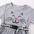 Kid Girl Cat Print Short-sleeve Dress with Letter Print Belt Grey
