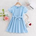 Kid Girl 3D Floral Mesh Design Belted Solid Color Short-sleeve Dress Blue