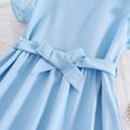 Kid Girl 3D Floral Mesh Design Belted Solid Color Short-sleeve Dress Blue