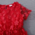 Kid Girl 3d Floral Design Mesh Solid Color Short-sleeve Party Dress Red