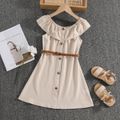 2pcs Kid Boy Solid Color Flounce Button Design Sleeveless Dress and Belt Set Khaki