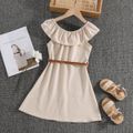 2pcs Kid Boy Solid Color Flounce Button Design Sleeveless Dress and Belt Set Khaki