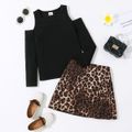 2pcs Kid Girl Cold Shoulder Long-sleeve Black Tee and Leopard Print Skirt Set Black