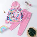 2-piece Kid Girl Rainbow Unicorn Print Zipper Hoodie Sweatshirt and Pants Set Pink image 1