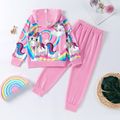 2-piece Kid Girl Rainbow Unicorn Print Zipper Hoodie Sweatshirt and Pants Set Pink image 2