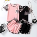 2-piece Kid Girl Leopard Print Colorblock Short-sleeve Tee and Bowknot Design Shorts Set Pink