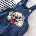 2pcs Toddler Boy Playful Dog Embroidered Denim Overalls and Stripe Long-sleeve Tee Set Navy