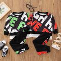 2pcs Baby Boy All Over Letter Print Long-sleeve Pullover Sweatshirt and Joggers Pants Set Green image 2