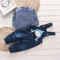 2pcs Toddler Boy Stripe Short-sleeve Tee and Shark Embroidered Denim Overalls Set Navy