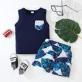 2pcs Toddler Boy Vacation Flroal Print Tank Top and Shorts Set Dark Blue