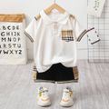 2pcs Toddler Boy Casual Plaid Striped Polo Shirt and Shorts Set White