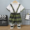 2pcs Toddler Boy Classic Plaid Polo Shirt and Overalls Shorts Set Dark Green image 2