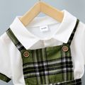 2pcs Toddler Boy Classic Plaid Polo Shirt and Overalls Shorts Set Dark Green image 3