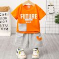 2pcs Toddler Boy Trendy Letter Print Pocket Design Tee and Shorts Set Orange