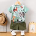 2pcs Toddler Boy Playful Animal Print Tee and Cargo Shorts Set Light Green