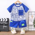 2pcs Toddler Boy Trendy Letter Print Pocket Design Tee and Shorts Set Blue image 1