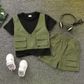 2pcs Toddler Boy Trendy Faux-two Pocket Design Tee and Cargo Shorts Set Army green image 1