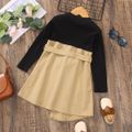 Toddler Girl 100% Cotton Colorblock Splice Irregular Hem Button Design Long-sleeve Dress Khaki