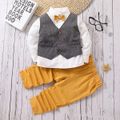 2pcs Toddler Boy Gentleman Suit, Faux-two Bow tie Vest Design Shirt and Pants Party Set Grey