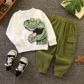 2pcs Toddler Boy Playful Dinosaur Print Sweatshirt and Pocket Design Cargo Pants Set White