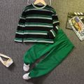 2pcs Kid Boy 100% Cotton Stripe Colorblock Long-sleeve Tee and Cargo Pants Set Dark Green image 1