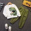 2pcs Kid Boy Animal Dinosaur Print Pullover Sweatshirt and Pocket Design Cargo Pants Set White image 3