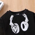 2psc Toddler Boy Headphone Print Black Sweatshirt and Letter Print Pants Set Black image 3