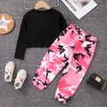 2pcs Toddler Girl Trendy Twist Knot Ribbed Tee and Camouflage Print Pants Set Multi-color image 2