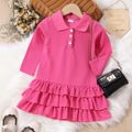 Toddler Girl Lapel Collar Button Design Layered Hem Long-sleeve Pique Dress Hot Pink image 1