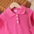 Toddler Girl Lapel Collar Button Design Layered Hem Long-sleeve Pique Dress Hot Pink image 4