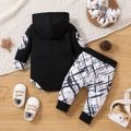 2pcs Baby Boy Letter Graphic Black Long-sleeve Hooded Romper and Allover Print Pants Set Black image 2