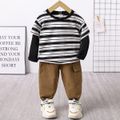 2pcs Toddler Boy Trendy 100% Cotton Faux-two Stripe Sweatshirt and Pocket Design Pants Set Black image 1