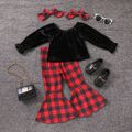 2pcs Toddler Girl Trendy Velvet Black Sweatshirt and Plaid Flared Pants Set Black image 2
