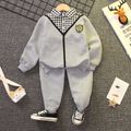 2pcs Kid Boy Faux-two Plaid Splice Patch Embroidered Sweatshirt and Textured Pants Set Grey image 1