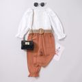 2pcs Toddler Girl Trendy Square Neck Smocked Blouse and Belted Pants Set White image 1