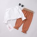 2pcs Toddler Girl Trendy Square Neck Smocked Blouse and Belted Pants Set White image 2