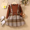 2pcs Toddler Girl Preppy style Ribbed 100% Cotton Tee and Plaid Suspender Skirt Set Brown image 1