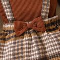 2pcs Toddler Girl Preppy style Ribbed 100% Cotton Tee and Plaid Suspender Skirt Set Brown image 4