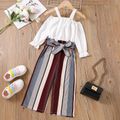 3pcs Toddler Girl Elegant Off Shoulder Strap Tee and Stripe Pants & Belt Set White image 1