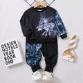 2pcs Toddler Boy Trendy Lion Print Sweatshirt and Colorblock Pants Set Black image 1