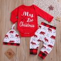 Christmas 3pcs Baby Boy/Girl 100% Cotton Long-sleeve Letter Print Romper and Allover Plaid Bear Graphic Pants with Hat Set Red image 1