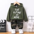2pcs Toddler Boy Trendy Letter Print Hoodie Sweatshirt and Camouflage Print Pants Set Army green image 1