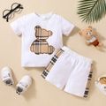 2pcs Baby Boy Plaid Bear Graphic Short-sleeve Tee & Shorts Set White image 1
